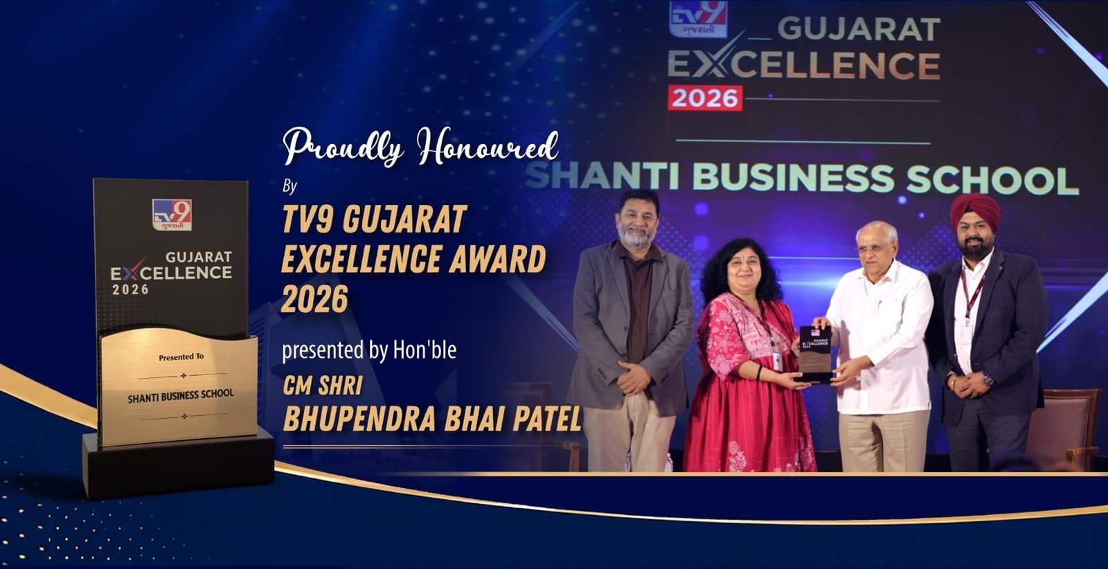 Shanti Business School receiving the TV9 Gujarat Excellence Award 2026 from Chief Minister Bhupendra Patel